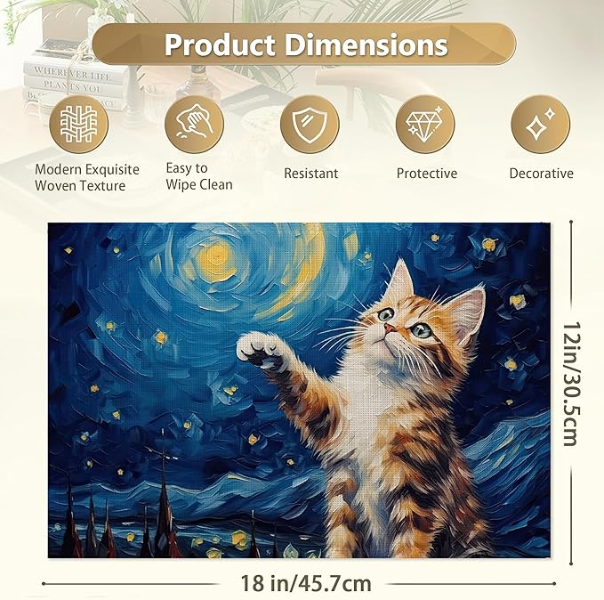 Set of 6 Washable Cute Cat Placemats Non-Slip Heat-Resistant12x18 Inch Thick Decorative Van Gogh Starry NightLinen Table Mats for Dining Table Home Décor