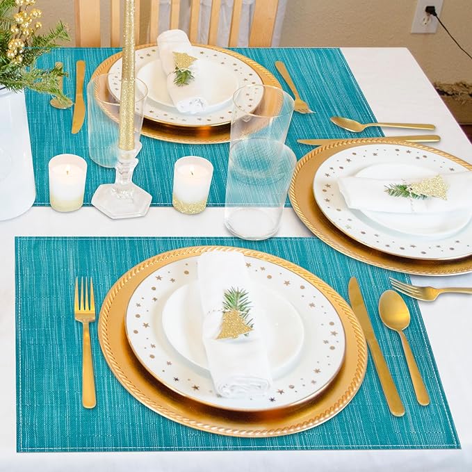 Niviy Teal Blue Placemats Set of 6, 12x18 Inch Washable Easy to Clean Heat-Resistant Anti-Skid Teal Blue Placemats for Holiday Party Kitchen Dining Room Decoration