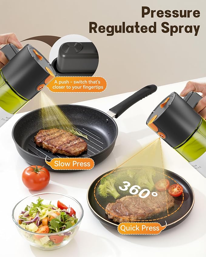 OURCABECUE Upgrade 2 in 1 Oil Sprayer for Cooking, 17oz Light-Blocking Glass Olive Oil Dispenser Bottle for Kitchen, Food-Grade Oil Mister with 8 Stickers for Salad, Frying (Green Bottle-Black Gap)