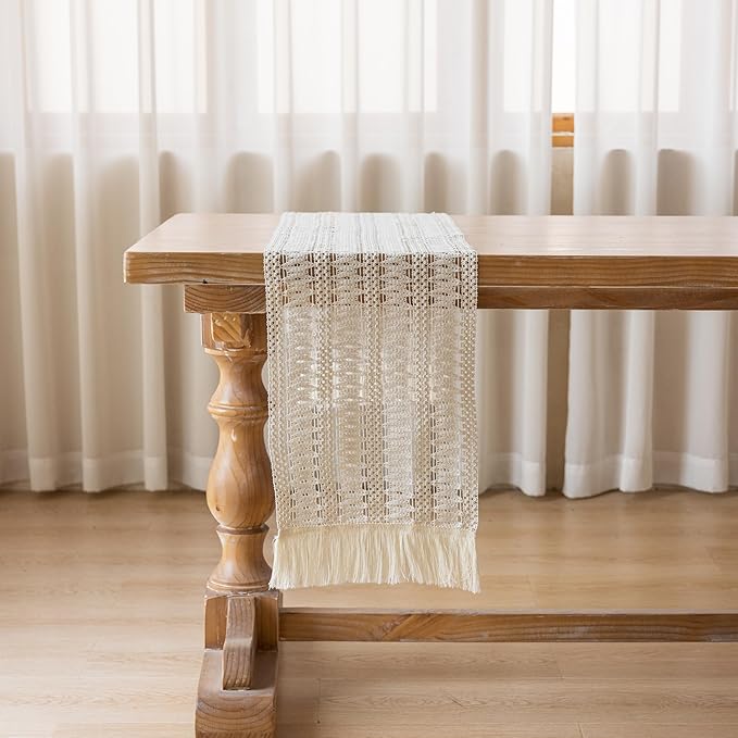 Keketoarrange Boho Spring Table Runner White for Home Decor 12x108 Inches Farmhouse Macrame Woven Burlap Jute Rustic Coffee Table Runner Dresser Scarf Dining Kitchen Centerpiece Bohemian Decor