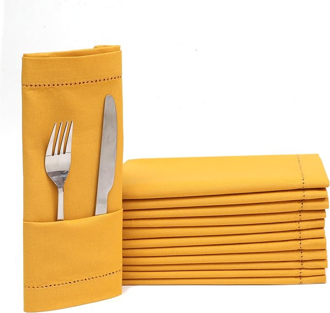 Lightnpro Decorative Cloth Dinner Napkins with Hemstitched, Wedding, Cocktail & Party Napkins, Mitered Corners, Machine Washable, 12 Elegant Table Napkins for Special Occasions - 18x18 Inch Mustard