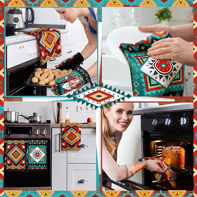 Jingmore 6 Pcs Kitchen Decor Set Accessorie Farmhouse Kitchen Towels Pot Holders Oven Mitts Set 2 Dish Towels 2 Pot Holders 2 Cooking Mittens Oven Glove for Cooking(Retro Color,Western Boho Aztec)