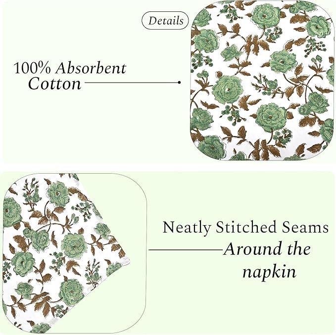 CPC Cloth Napkins Set of 4 Cotton Printed Dinner Hand Print Napkins I Wedding Cocktail Cloth Floral Napkins I 18x18 in I Moss Green