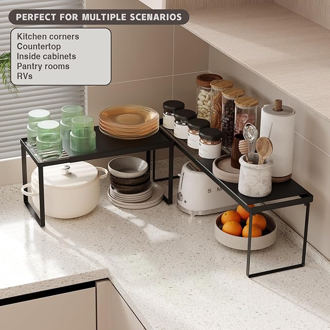 Magheo Expandable Cabinet Shelf Organizer, 2 Pack Stackable Kitchen Counter Shelf Riser, Metal Spice Rack Adjustable Heavy Duty Countertop Organizer Storage for Kitchen, Pantry, Cupboard, Rv (Black)