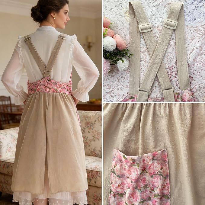 Uaussi Cotton Linen Apron Cross Back Work Apron for Women with Pockets Pinafore Dress X Cross Halter Apron for Chef Gardening
