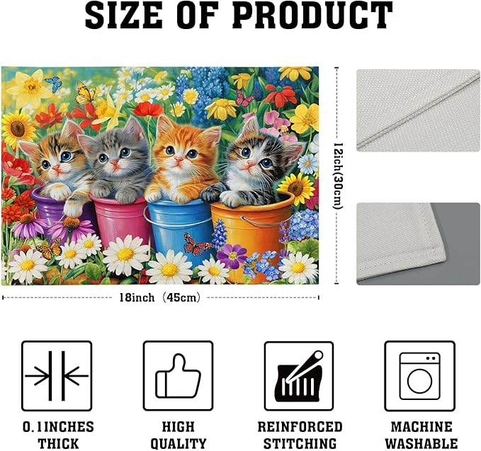 Funny Cats Placemat Set of 4 Colorful Floral Cloth Table Place Mat for Dining Kitchen Party Decor