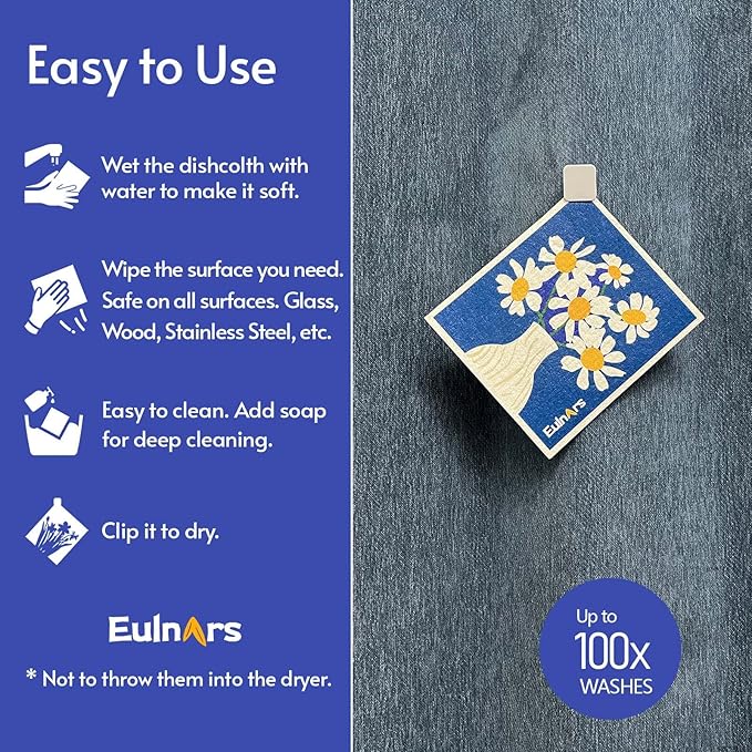 Eulnars Swedish Dishcloths for Kitchen, 8 Pack Reusable Paper Towels with Clips, Non-Scratch Swedish Dish Towels, Super Absorbent Cellulose Sponge Cloths, Assorted