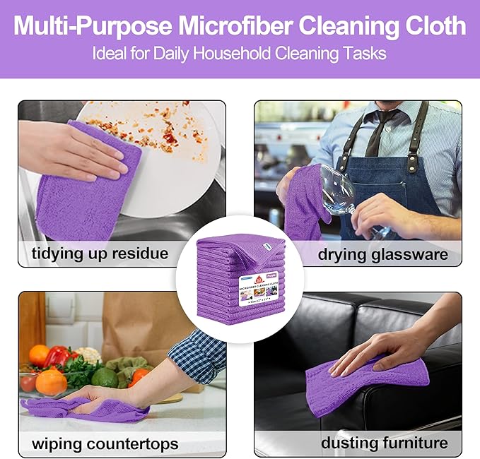 Microfiber Cleaning Cloth, 12 Pack Purple Cleaning Rags,12" X 11" Lint Free Dish Towels Wash Cloths, Reusable Microfiber Towels for Home and Kitchen Bathroom Apartment Cleaning Supplies