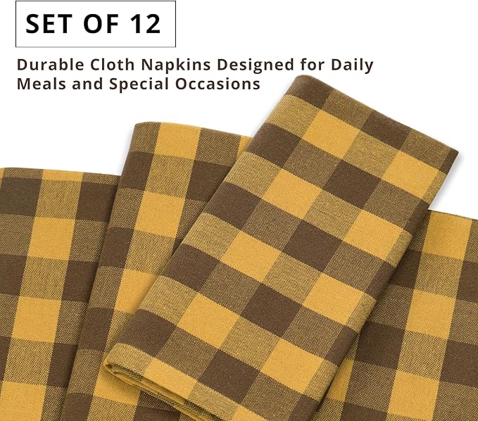 PurpleEssences Buffalo Plaid Cloth Napkins - Mitered Corners - Spring Easter Summer Gingham Check Dinner Napkin - Set of 12-100% Cotton - 18x18 Inch - Reusable Washable - Golden Yellow and Nut Brown