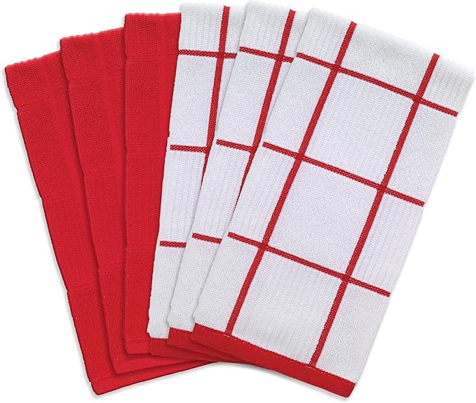 T-Fal Solid & Checked Parquet Kitchen Towels: Highly Absorbent, Super Soft Long Lasting - 100% Cotton, 16"x26" Dish Towels for Cleaning & Drying Dishes, Pans, Glassware, Countertops, 6-Pack, Red