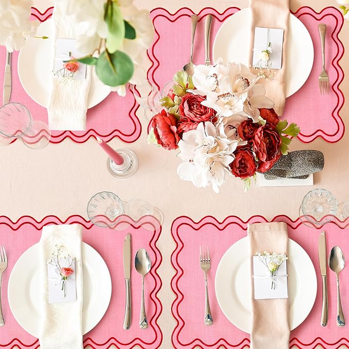 Whaline Pink Red Placemats Embroidered Scalloped Kitchen Place Mats for Wedding Baby Shower Party Home Dining Table Decor, Set of 6, 13 x 19 in
