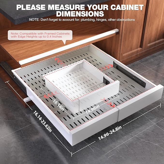 Seinloes 2 Pack Pull Out Cabinet Organizer Expandable Width(15"-25") and Depth(17"-24"),Slide Out Drawers With Raising Pad for Framed Cabinets,No Drill Roll Out Shelves for kitchen,Bathroom,White