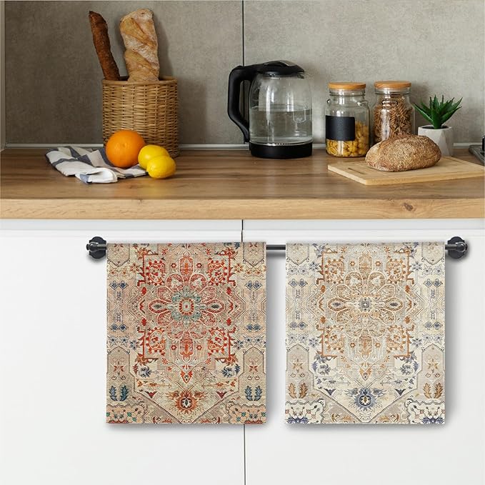 Vintage Oriental Floral Kitchen Towels, Boho Dish Towels Drying Cloth for Kitchen, Antique Boho Abstract Flower Decorative Hand Towel for Bathroom, 16x24 Inch Set of 2