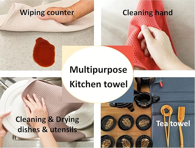 Kitchen Towels 100% Cotton Waffle Weave Dish Towel for Cleaning Drying Dishes Extra Absorbent and Soft, Dish Cloth,13 x 28 in, 8 Pack (Beige+Dark Grey+Brown+Red-8 Pack)