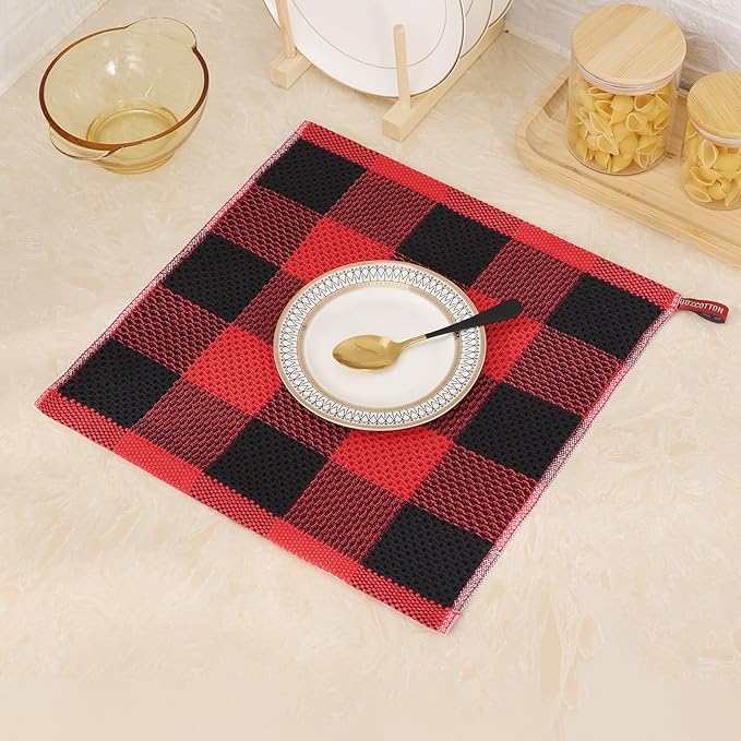 Mordimy 100% Cotton Waffle Weave Plaid Dish Cloths, 12 x 12 Inches, Super Soft and Absorbent Quick Drying Buffalo Check Dish Rags for Kitchen, 6-Pack, Black & Red
