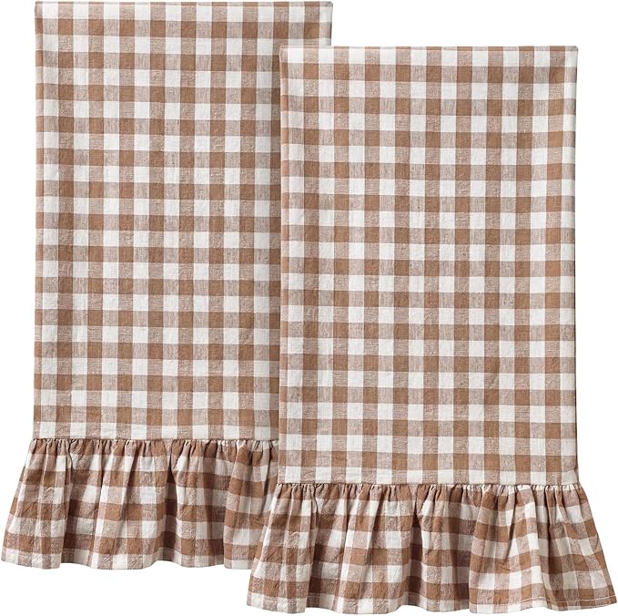 HunnmingRe Taupe Kitchen Towels Set of 2, 100% Cotton Ruffled Gingham Dish Towels 18"x28" Absorbent Tea Cloths Classic Plaid Pattern for Farmhouse Charm, Drying Dishes, Entertaining Guests