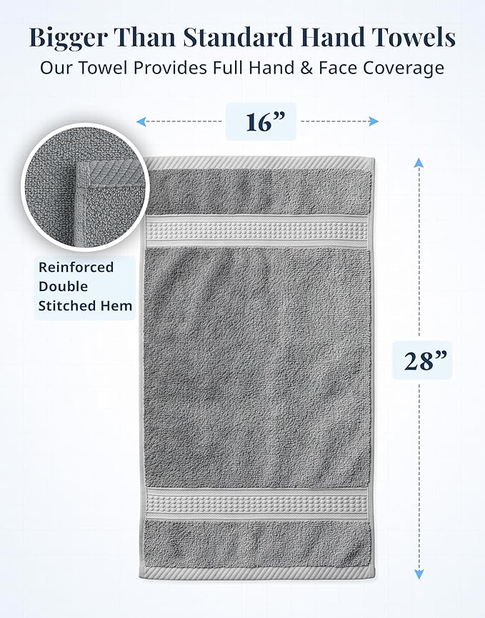 Grey Hand Towels for Bathroom - Pack of 4 (16" x 28") - 100% Cotton Double Stitched Edges - Ultra Soft, Quick Dry & Highly Absorbent - Everyday Comfort Hand & Face Towels for Family and Gym Use - Grey