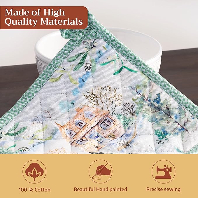 Maison d' Hermine Pot Holders Set 100% Cotton Heat Resistant Potholders 8" x 8" Hot Pads with Loop for Thanksgiving Christmas Decorations BBQ Cooking Baking Handling Hot Pans (Pack of 2, Snowy World)