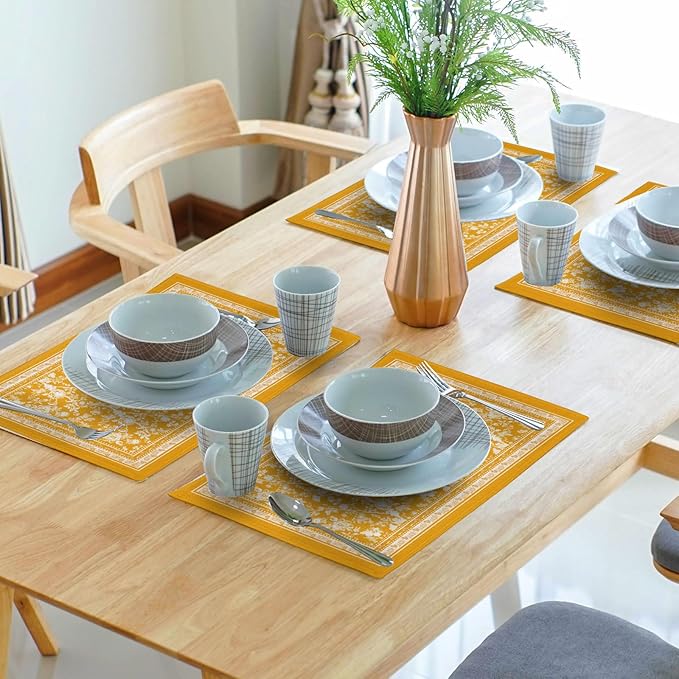 Rustic Yellow Vintage Flowers Placemats Set of 4，Chinoiserie Floral Branches Decoration Table Mat Washable Non-Slip Place Mats 12 x 18 Inch for Party Kitchen Dining