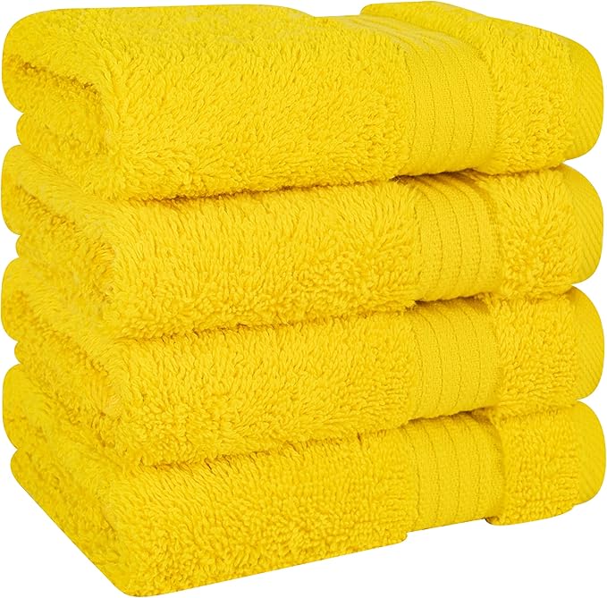 Cotton Paradise 100% Cotton Turkish Washcloth Set for Bathroom, 4 Piece Soft Absorbent Small Towels Wash Rags, Yellow