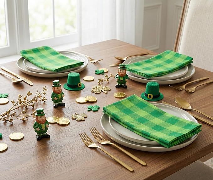PurpleEssences Buffalo Plaid Cloth Napkins - Mitered Corners - St Patricks Day Summer - Gingham Check Dinner Napkin - Set of 12-100% Cotton - 18x18 Inch - Reusable Washable - St Patricks Green