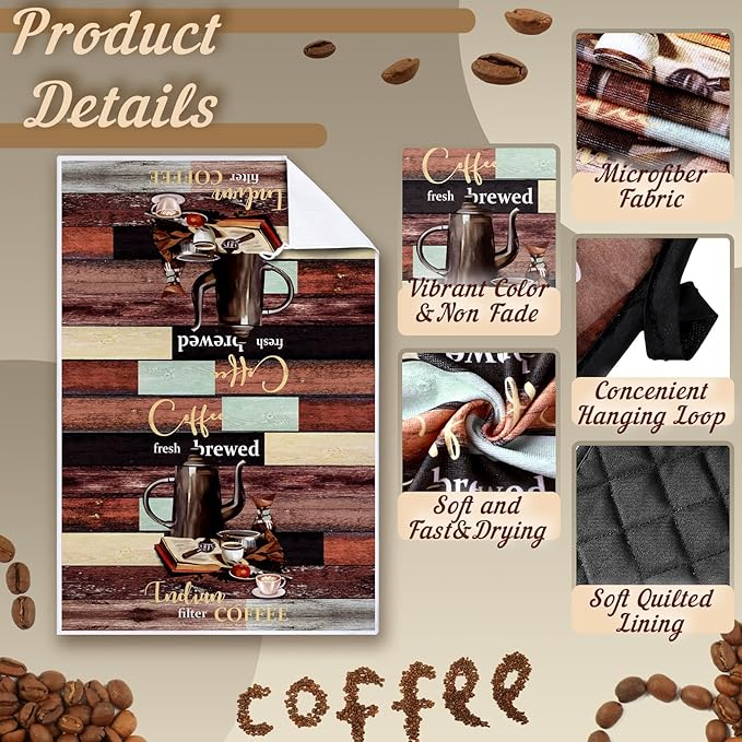 Jingmore 6 Pcs Kitchen Decor Set Accessorie Farmhouse Kitchen Towels Pot Holders Oven Mitts Set 2 Dish Towels 2 Pot Holders 2 Cooking Mittens Oven Glove for Cooking(Dark Brown,Coffee)