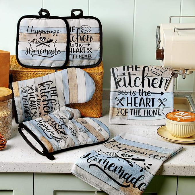 Sratte 6 Pcs Kitchen Decor Accessories Set Farmhouse Towels Pot Holders Oven Mitts Set 2 Dish Towels 2 Potholders 2 Cooking Mittens Oven Glove for Christmas Baking Cooking Supply(Brown Green,Kitchen)