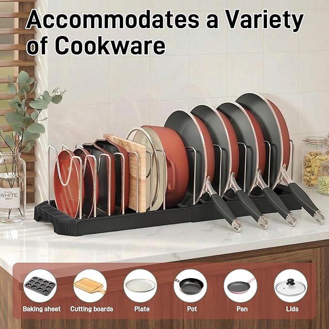 Pots and Pans Organizer for under Cabinet, Pan Pot Organizers inside Cabinet, Expandable Organizer with 12 Adjustable Dividers for Cookie Sheets, Cutting Boards, Pot Lids, Cookware - Pan Rack, Black
