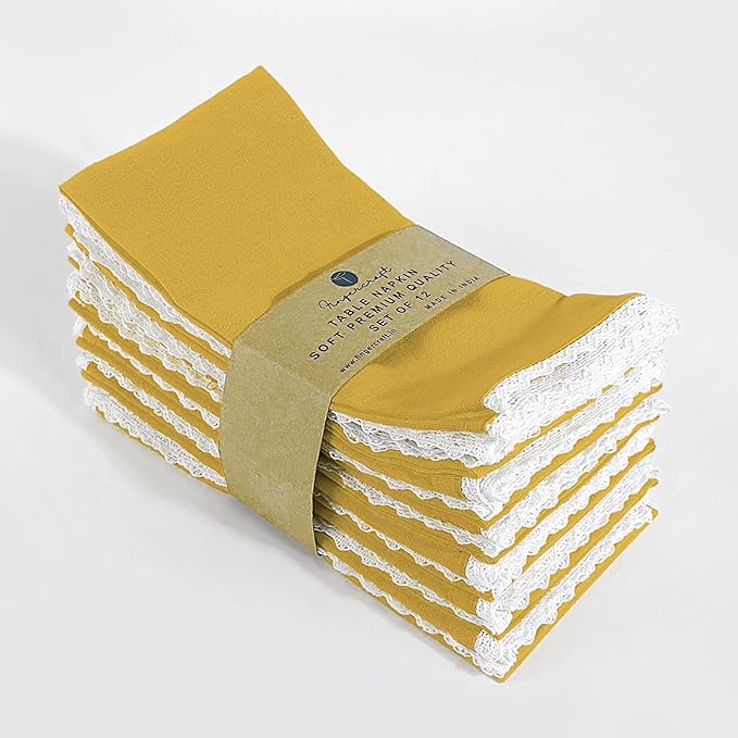 FINGERCRAFT Dinner Cloth Napkin Cotton Linen Blend 12 Pack Mitered Corners with Elegant Lace for Everyday Use Napkins are Pre Shrunk and Good Absorbency 20in x 20in, Gold Easter Color