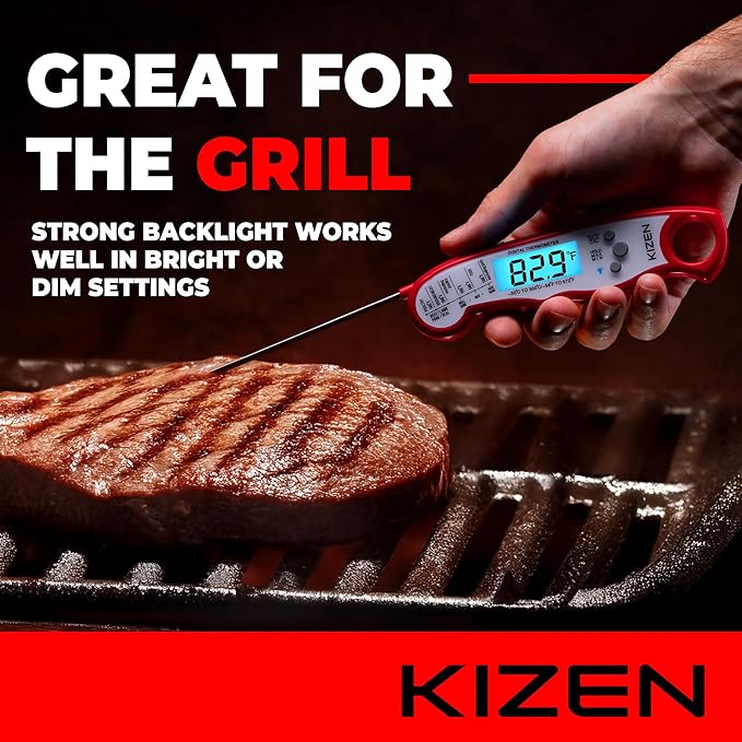 KIZEN Instant Read Meat Thermometer Digital - Food Thermometer for Cooking, Grill, Oven, BBQ - IP67 Rated Waterproof - Large Backlit Display and Magnetic Back