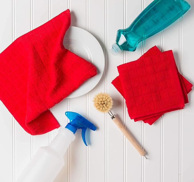 DII Basic Terry Collection Solid Windowpane Dishcloth Set, 12x12, Red, 6 Piece
