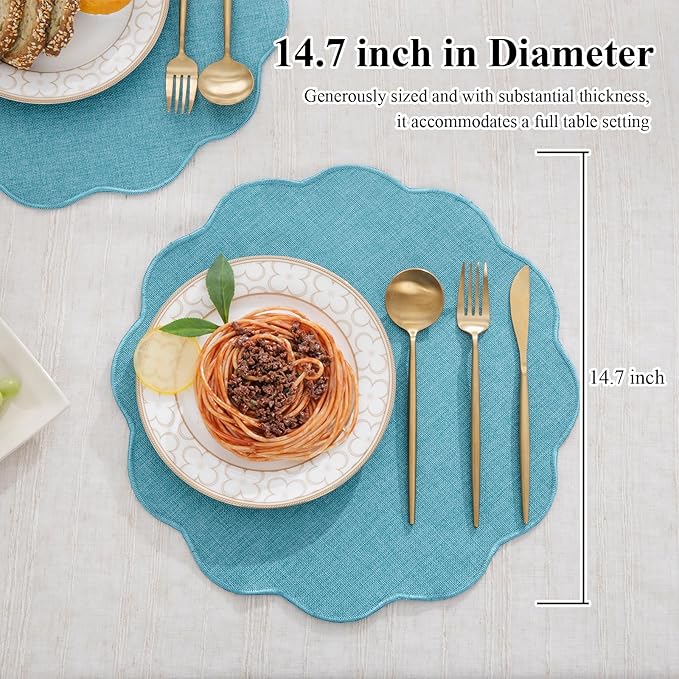 SHACOS Scalloped Round Placemats Set of 6 Polyester Linen Blend 15 inch Washable Non Slip Place Mats Easy Clean Heat Resistant Table Mats for Kitchen Dining Table Decor, Blue Green