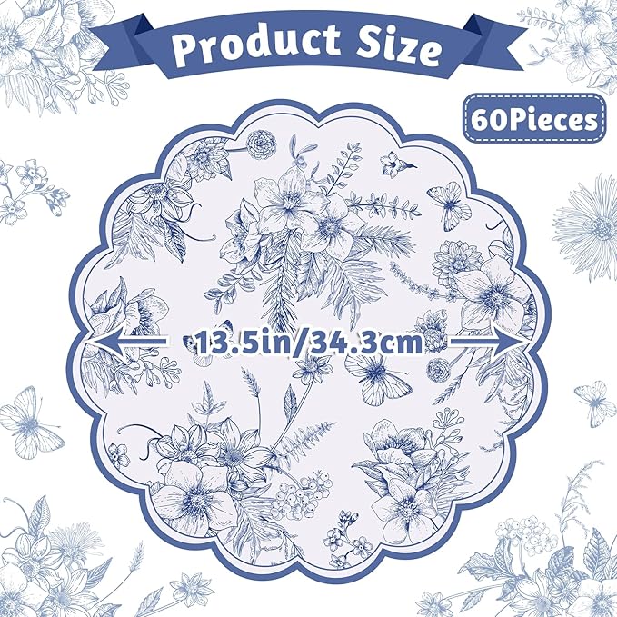 60 Pcs Blue Floral Paper Placemats, 13.5 Inch Disposable Scalloped Table Mats Wedding Placemats, Vintage Floral Banquet Place Mats for Mother's Day Table Setting Baby Shower Wedding Bridal Tea Party