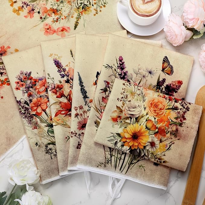 Bencailor 6 Pcs Wildflowers Kitchen Towels Decorative Sets Dish Towels Absorbent Fast Drying Hand Tea Vintage Hanging Reusable Cleaning Dishcloths for Cooking Farmhouse Bathroom Accessory
