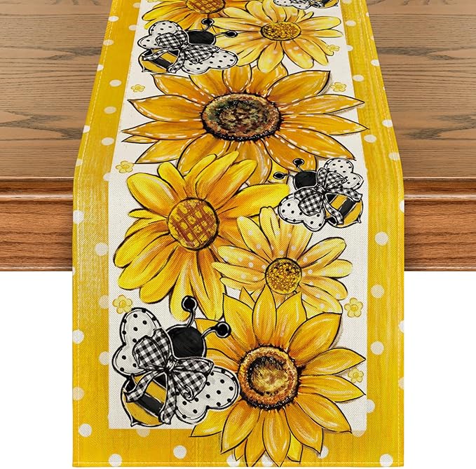 Artoid Mode Sunflower Bee Flower Polka Dot Summer Table Runner, Seasonal Kitchen Dining Table Decoration for Indoor Party Home 13x72 Inch