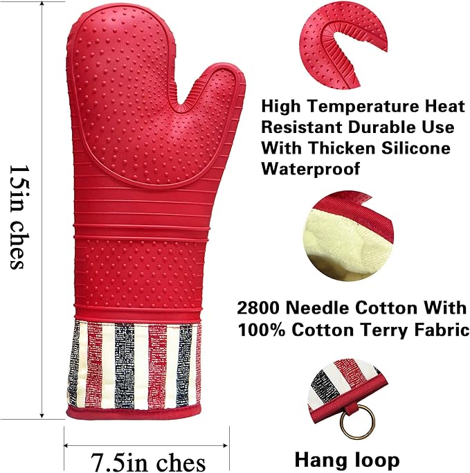 RED LMLDETA Heat Resistant 550 Degree Oven mitt, Silicone Oven Hot Mitts - 1 Pair, Extra Long Professional Baking Oven Gloves - Food Safe,Pot Holders Cooking,Grilling,Kitchen (red Mittens)