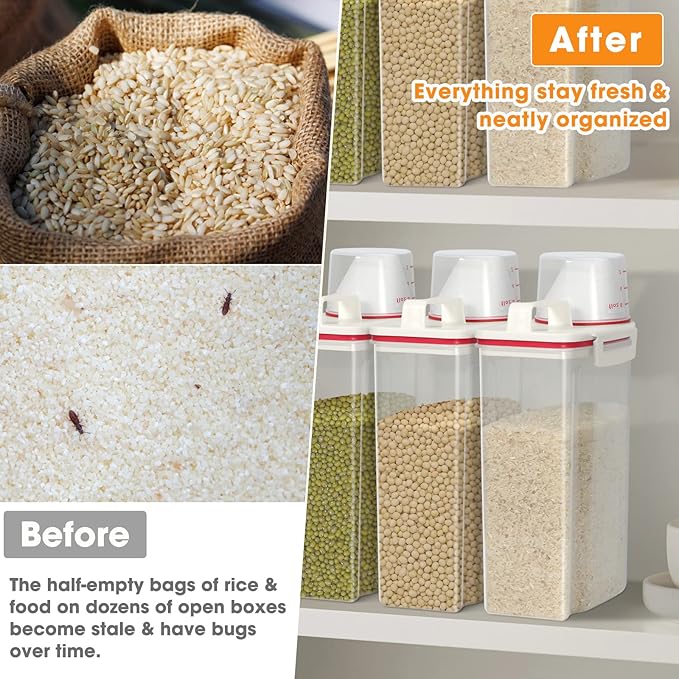 TBMax 2 Pack Rice Storage Containers 4 Lbs, Small Rice Dispenser with Measuring Cup, Cereal Containers Flour Bin, Kitchen Food Storage Container and Pantry Organizers, Pet Dog Cat Food Dispenser