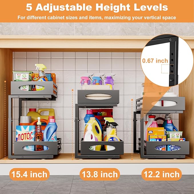 Under Sink Organizer, 2 Tier Under Sink Organizers and Storage, Adjustable Height, Slide out Metal Cabinet Organizers, Pull out Cabinet Storage Drawer Shelf for Kitchen Bathroom (Black, 1 Pack)