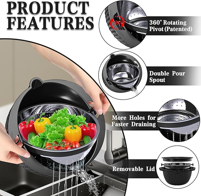 4-1 Colander with Bowl Set - Colander for Kitchen - Rotatable Strainers and Colanders(Patented) - Pasta Strainer - Bowl With Colander & New Upgraded Graters for Fruit Veggie, Kitchen Essentials, Black