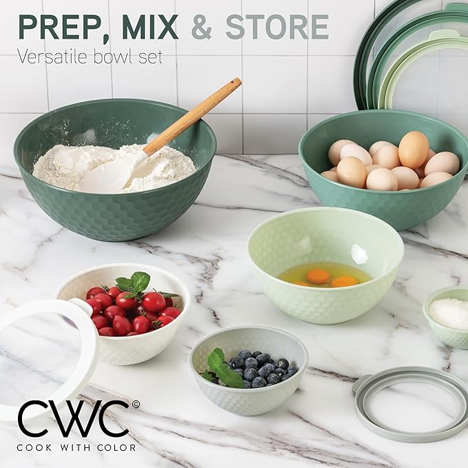 COOK WITH COLOR Mixing Bowls with Lids - 12 Piece Plastic Nesting Bowls Set includes 6 Prep Bowls and 6 Lids, Microwave Safe Mixing Bowl Set, Sage Embossed