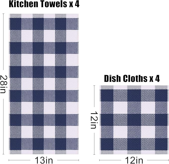 Homaxy Kitchen Towels and Dishcloths Set, 12 x 12 and 13 x 28 Inches, Set of 10 100% Cotton Waffle Weave Check Plaid Kitchen Dish Towels, Super Soft and Absorbent Dish Cloths, White & Navy Blue