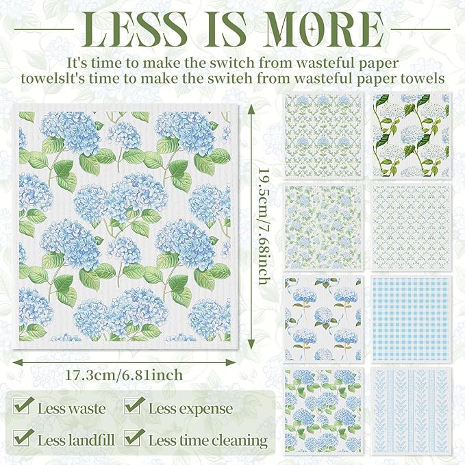 Tegeme 8 Pcs Blue Hydrangea Swedish Themed Dishcloth Spring Summer Watercolor Hydrangea Floral Kitchen Dish Towel Absorbent Cotton Reusable Towel for Home Party Housewarming Counter Wipe, 6.8 x 7.7''