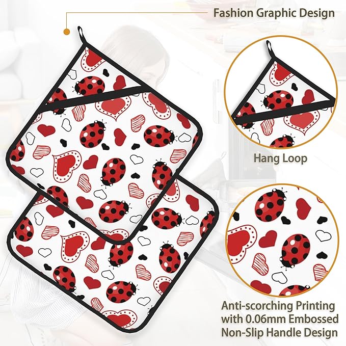Ladybugs Hearts Pot Holder Set of 2,Heat Resistant Potholders Oven Hot Pads for Kitchen Cooking Baking BBQ