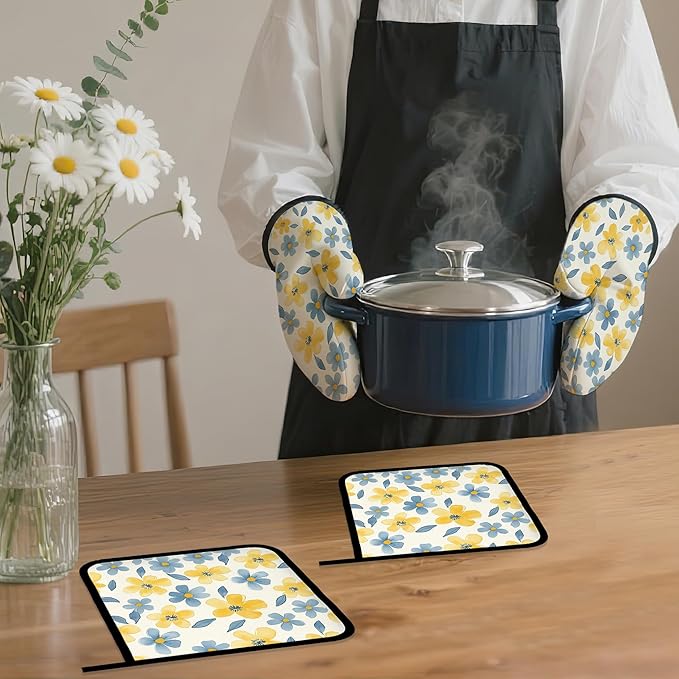 Cute Floral Oven Mitts and Pot Holders,Yellow Blue Flower Heat Resistant Oven Mitts Gloves and Pot Holder for Home Kitchen Decorations Cooking Baking BBQ Gifts,Set of 4