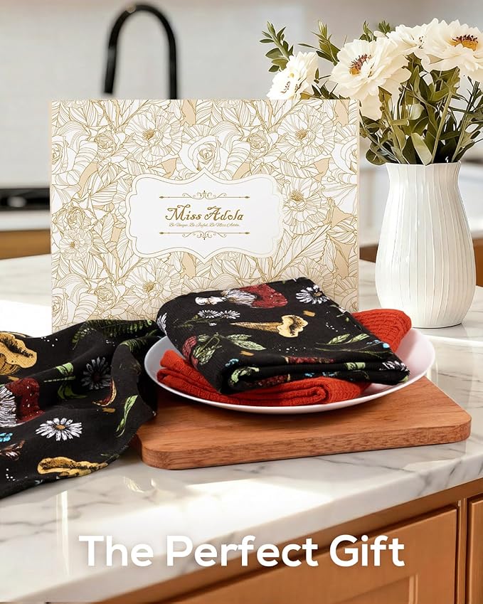 Miss Adola 3pcs Cotton Kitchen Towels - 270 GSM 15x25 Inch Terry Cloths Reusable Dish Cloths for Cleaning Absorbent Soft Hand Tea Towels with Hanging Loop for Housewarming Home Decor, Black Mushroom