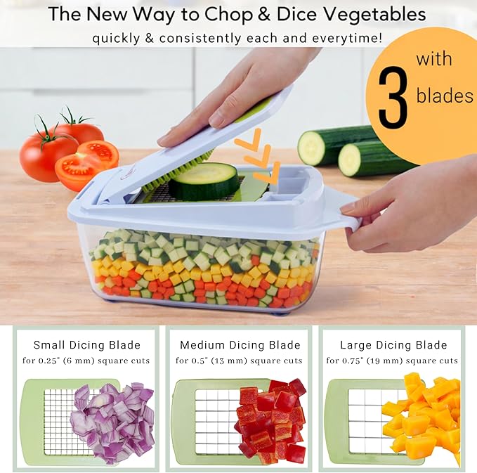 Brieftons QuickPush Food Chopper: Strongest & 200% More Container Capacity, 30% Heavier Duty, For Onion, Fruit and Vegetable Chopping, with 3 Dicer Cutter Blades, Keep-Fresh Lid, and 5 Recipe Ebooks