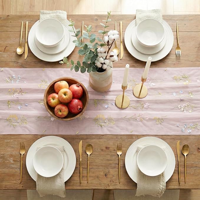 Artoid Mode Wildflower Floral Light Pink Gauze Embroidery Table Runner 120 Inch 10FT, Tulle Seasonal Spring Kitchen Dining Table Decor for Home Party