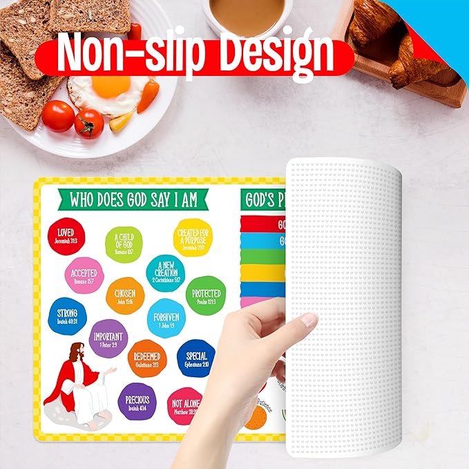 6 Pack Placemats for Kids, Non-Slip Washable Table Mats, Reusable Bible Themed Dining Mat, Educational Placemats for Home, Kindergarten, Classroom, Nursery