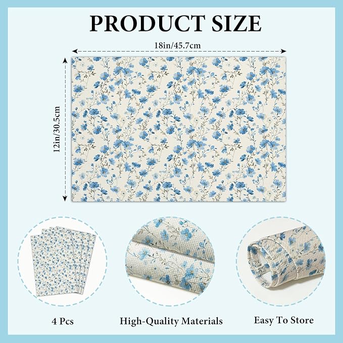 Cotton Linen Waterproof Placemats Set of 4, Blue Floral Dining Mat Table Mats Decor Fabric for Kitchen Dinner Coffee Shop Table, Indoor/Outdoor Washable Wipeable Placemat -N029