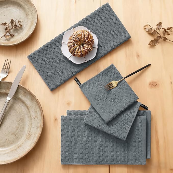 Homaxy 100% Cotton Kitchen Towels and Dishcloths Set, 12 x 12 & 15 x 25 Inches, Set of 10 Bulk Terry Cloth Dish Towels, Super Soft and Absorbent Hand Towel with Hanging Loop, Dark Grey